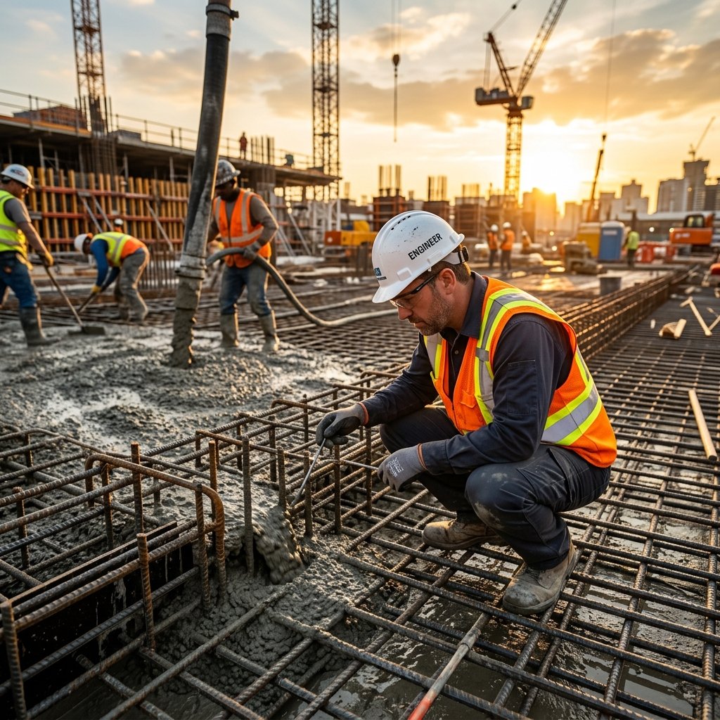 Civil engineer inspecting concrete pour on steel rebar grid