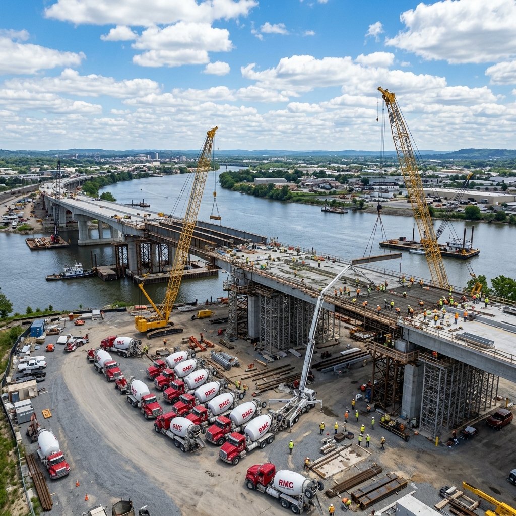 Aerial view of multiple RMC transit mixer trucks at bridge construction site