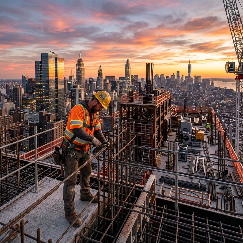 Construction worker on high-rise building with steel rebar and city skyline